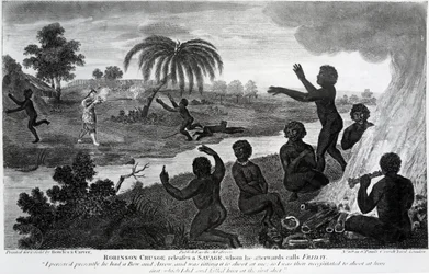 Robinson Crusoe befreit einen Wilden, den er später Freitag nennt, Illustration aus 
